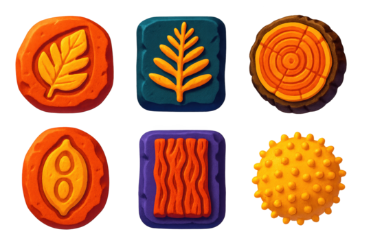 Fossilized Plant Icons. 3D icon set of fossilized plant parts: leaf imprint in stone, carbonized fern fossil, petrified wood cross