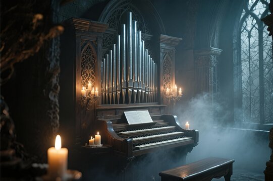 Mystical Organ in Gothic Church with Candlelight and Fog.