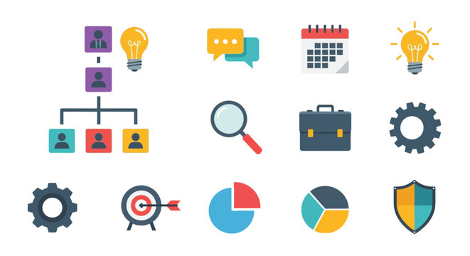 Colorful flat design icons representing business strategy and teamwork concepts