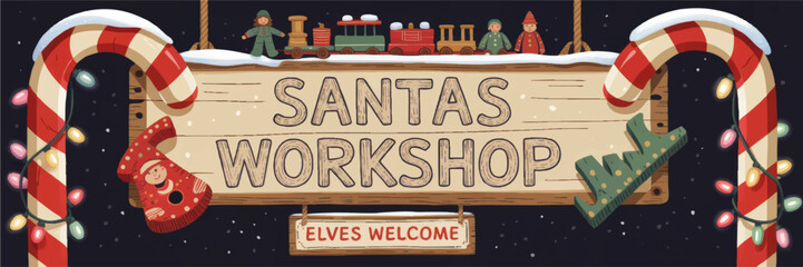 Festive Santas Workshop Sign Illustration with Candy Canes, Christmas Lights, Elves, Toys, and Snowy Night for Holiday Decor