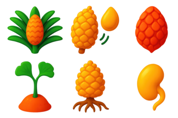 Gymnosperm Life Cycle Icons. 3D icon set of gymnosperm life cycle: cone growing on cycad, seed drop phase, cone scale texture,