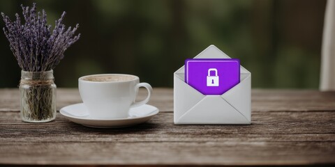 Finger scanning biometric sensor concept. Coffee cup beside a secured envelope on a wooden table.