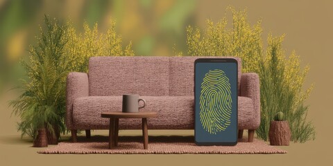 Finger scanning biometric sensor concept. Cozy sofa with plants and a smartphone displaying a fingerprint.