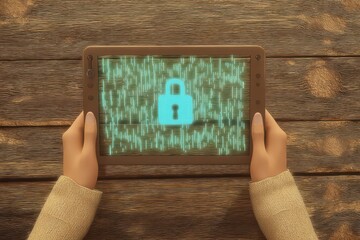 Finger scanning biometric sensor concept. Tablet displaying a digital lock symbol on a textured background.