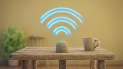 Finger scanning biometric sensor concept. Wireless signal emanating from a stone on a wooden table next to a coffee mug.