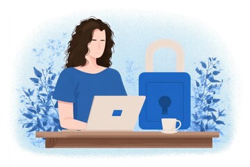 Finger scanning biometric sensor concept. Woman working on a laptop with a padlock illustration nearby.