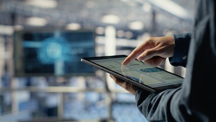 Naklejka na ściany i meble Server room employee checks data charts on tablet to monitor system health. System administrator reviews graphs to make sure data center meets business goals and client needs, camera B