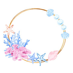 Watercolor Round Border of Coral Reef and Seashell with Gold Ring.
