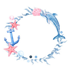 Watercolor Marine Frame of Dolphin, Anchor, Seaweed, and Starfish. Suitable for invitation, and postcard.