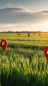 Agricultural land parcels in the green field with location markers, aerial view. Smart farming navigation technology concept