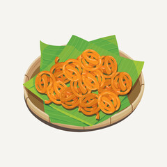 Vector illustration of Indian sweets, Jalebi or Jilebi served with banana leaves on bamboo plate 