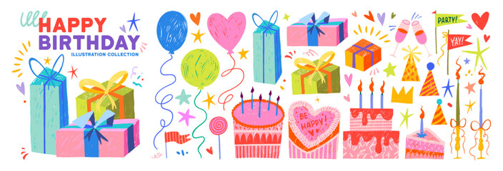 Birthday Chalk Crayon Gift and Confetti Cake for Party Celebration and Invitation Design. Cute childish hand drawn doodle balloons, gift boxes, Valentine's day cakes, and funky festive party decor. © Anastasiia Hevko