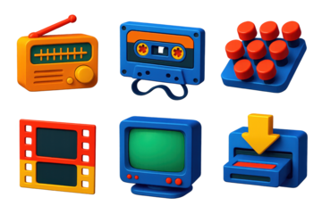 Retro Tech Icons. 3D icon set of relics from analog age: AM radio tuner, cassette tape ribbon, typewriter key set, filmstrip