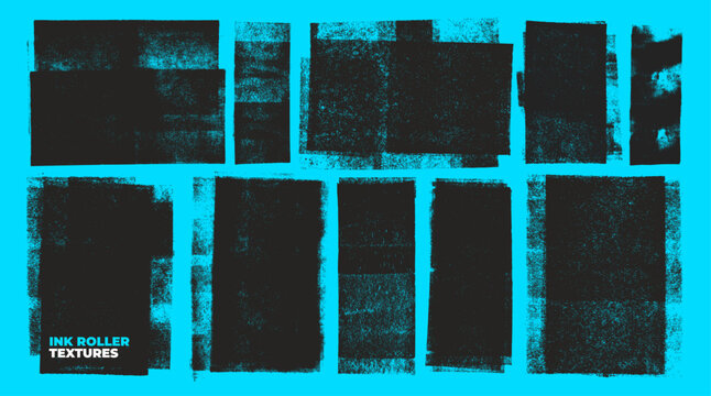 Ink roller linocut stamp texture collection on bright blue background. Hand drawn printmaking overlays.