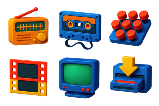 Retro Tech Icons. 3D icon set of relics from analog age: AM radio tuner, cassette tape ribbon, typewriter key set, filmstrip
