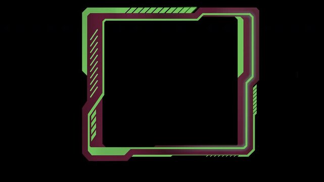 Futuristic green and purple glowing animated frame for streaming and gaming overlays or sci fi interfaces, 4K includes transparent background with alpha channel for easy integration