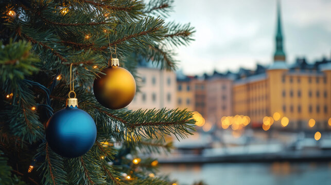 Colorful ornaments on a Christmas tree in front of the Stockholm waterfront with glowing lights and historic buildings in winter - Powered by Adobe
