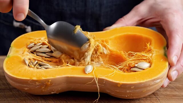 Home cook scraping seeds and stringy pulp from halved butternut squash with a spoon on a wooden cutting board, preparing fall produce for roasting or soup, step-by-step kitchen process