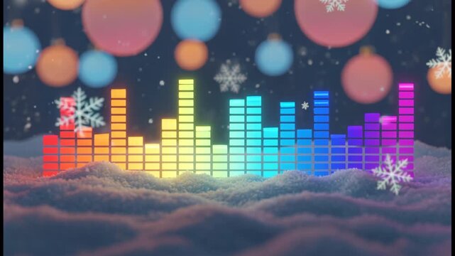 Podcast Christmas Theme, Colorful Sound Wave Graphic Featuring Snowflakes and Bokeh Lights for Joyful Festive Atmosphere