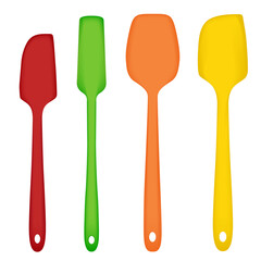 Spatulas, four multi-color sizes and shapes, large, medium, and small colorful kitchen tools, Isolated on white background.