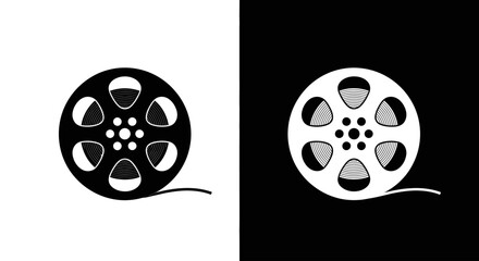 A classic movie film reel icon presented in two variations, black on a white background and its negative inverse.