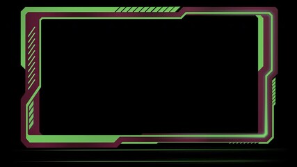 Glowing green and purple animated frame overlay with a futuristic, high tech design perfect for live streaming, gaming content, or sci fi interfaces.4K includes transparent alpha channel background