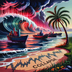 Obraz premium Dramatic Stock Market Collapse Concept Art with Tsunami Wave, Sinking Boats, Palm Tree, and Financial Chart on Tropical Beach
