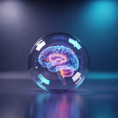 3D rendering glowing brain inside transparent sphere neon pink blue neural network intelligence mind protection futuristic concept digital anatomy model.