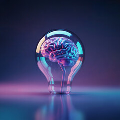 Futuristic neon brain inside transparent lightbulb glowing purple blue on dark gradient for innovation and intelligence concepts