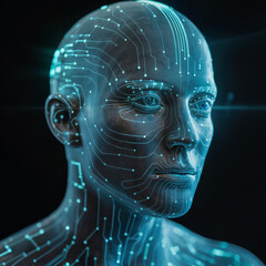 Cybernetic female head portrait with glowing turquoise circuit lines on dark background for ai cyberpunk avatar concepts
