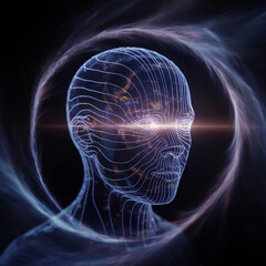 Wireframe head encircled by swirling purple blue energy vortex with radiant eyes on dark ethereal backdrop