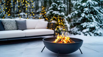 Snowy winter patio with a cozy fire pit, outdoor couch, and glowing string lights on frosted trees
