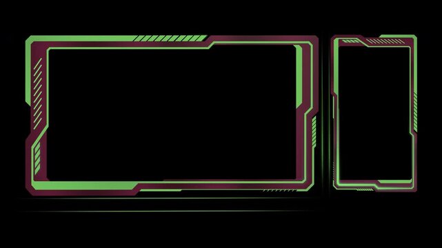 Neon green and purple animated futuristic user interface with glowing lines and frames for streaming or gaming. Seamless looping digital design with an alpha channel for easy integration