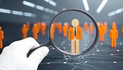 A hand holding a magnifying glass focused on a single distinct figure