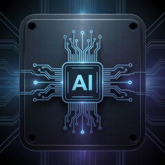 3D Rendered AI Chipset Square Frame Glowing Blue Circuits Futuristic Intelligence Symbol Tech Background Vector Digital Art Stock Image.