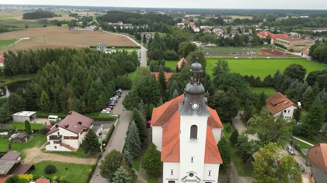 The Parish of St. James the Apostle in Lubichowo, Poland, is part of the first stage of the Camino de Santiago in Poland, a long-distance hiking trail that stretches across Europe. 4k, high-quality.