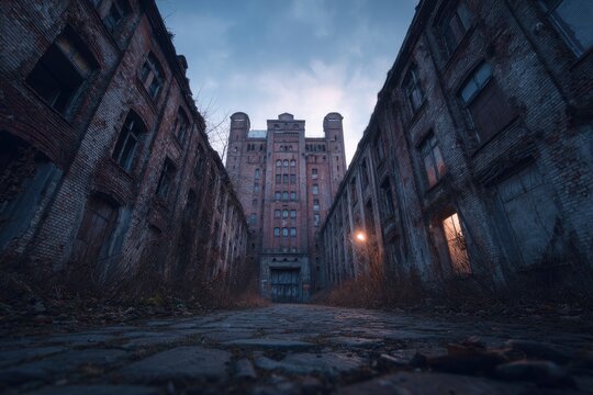 Low-angle view of old, weathered brick buildings under a dusky sky creates a sense of mystery and - Powered by Adobe