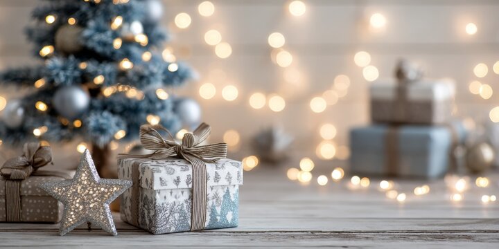 Festive Christmas setting with wrapped gifts and a decorated tree in a cozy indoor space during the holiday season