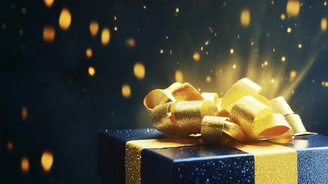 A beautifully wrapped gift box sits elegantly, adorned with a glossy gold ribbon that stands out. This gift captures attention under soft lighting, creating a warm atmosphere of ce