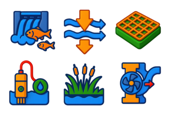 Environmental Impact Icons. 3D icon set of environmental impact visuals: fish swimming near dam, flow change diagram, erosion