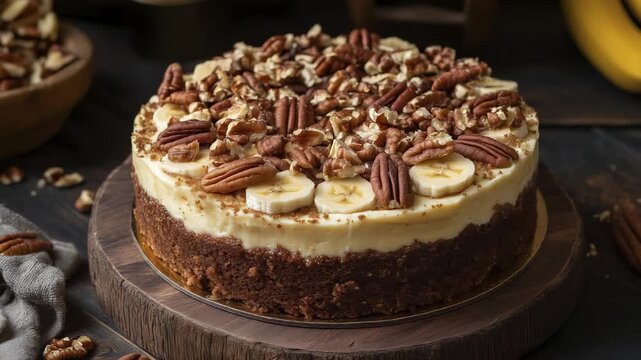 A delicious cake topped with sliced bananas and toasted pecans sits elegantly on a wooden platter. This cake with pecans shows a rich dessert perfect for any gathering or celebrati
