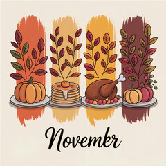 Quadrant Layout of Harvest Gourds Pancakes Roasted Poultry with Foliage Sprigs against Gradient Orange Brown Leafy Vertical Panels Hello November Scripted Typography Poster