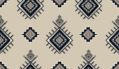 Seamless geometric ethnic pattern inspired by Native American tribal fabric. Traditional Aztec and Navajo style carpet and tile vector design on navy blue background. Perfect for textile, wrapping,