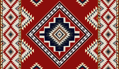 Seamless geometric ethnic pattern inspired by Native American tribal fabric. Traditional Aztec and Navajo style carpet and tile vector design on navy blue background. Perfect for textile, wrapping,
