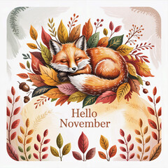 Peaceful Sleeping Red Fox Snuggled in Vibrant Multi Colored Autumn Leaves with Acorns and Greenery Surrounded by Hello November Elegant Typography Fall Forest Illustration