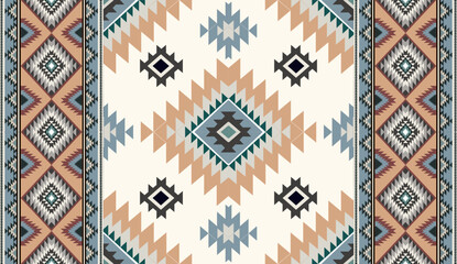 Seamless geometric ethnic pattern inspired by Native American tribal fabric. Traditional Aztec and Navajo style carpet and tile vector design on navy blue background. Perfect for textile, wrapping,