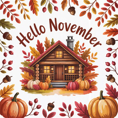 Quaint Log Cabin Aglow with Interior Lights Surrounded by Pumpkins Acorns and Autumn Branches under Hello November Typography in Whimsical Fall Welcome Illustration