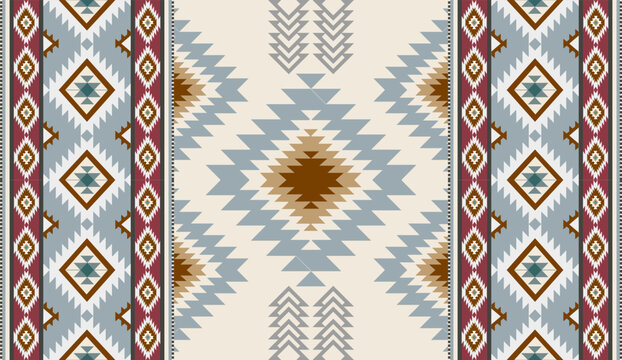 Seamless geometric ethnic pattern inspired by Native American tribal fabric. Traditional Aztec and Navajo style carpet and tile vector design on navy blue background. Perfect for textile, wrapping,