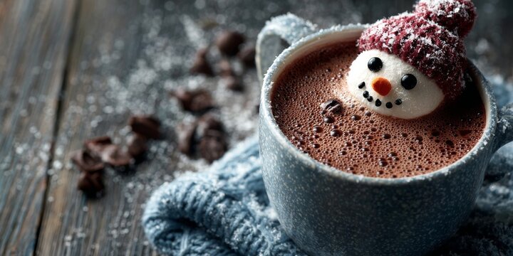Warm cup of hot chocolate topped with a snowman marshmallow on a cold winter day