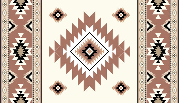 Seamless geometric ethnic pattern inspired by Native American tribal fabric. Traditional Aztec and Navajo style carpet and tile vector design on navy blue background. Perfect for textile, wrapping,